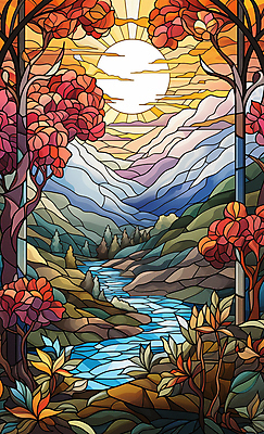 JPG 나무 예술 일러스트 창문 자연 산 풍경 사람없음 빨간색 강 태양 풀 그림 스테인드글라스 고딕 국내일러스트 AI일러스트 AI콘텐츠 자연요소 식물 컬러 유리 생태계 파일형식