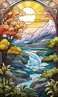 JPG 나무 꽃 예술 일러스트 창문 자연 산 풍경 사람없음 파란색 강 태양 계곡 돌_바위 풀 그림 스테인드글라스 고딕 국내일러스트 AI일러스트 AI콘텐츠 자연요소 식물 컬러 유리 생태계 파일형식