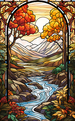 JPG 나무 예술 일러스트 창문 자연 산 풍경 사람없음 강 태양 주황색 돌_바위 풀 그림 스테인드글라스 고딕 국내일러스트 AI일러스트 AI콘텐츠 자연요소 식물 컬러 유리 생태계 파일형식