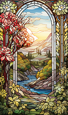 JPG 나무 꽃 예술 일러스트 창문 자연 산 풍경 사람없음 초록색 강 태양 풀 그림 스테인드글라스 고딕 국내일러스트 AI일러스트 AI콘텐츠 자연요소 식물 컬러 유리 생태계 파일형식