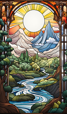 JPG 나무 예술 일러스트 창문 자연 산 풍경 사람없음 초록색 강 태양 풀 그림 스테인드글라스 고딕 국내일러스트 AI일러스트 AI콘텐츠 자연요소 식물 컬러 유리 생태계 파일형식