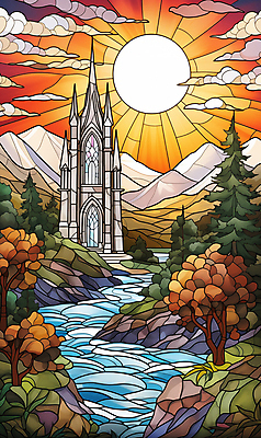 JPG 나무 구름 종교 예술 일러스트 창문 자연 산 풍경 사람없음 강 태양 성당 교회 주황색 풀 그림 스테인드글라스 고딕 국내일러스트 AI일러스트 AI콘텐츠 자연요소 식물 컬러 종교건축 유리 건물 생태계 파일형식