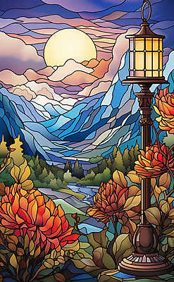 JPG 나무 구름 예술 가로등 일러스트 창문 자연 산 풍경 사람없음 파란색 강 태양 풀 그림 스테인드글라스 고딕 국내일러스트 AI일러스트 AI콘텐츠 자연요소 식물 공공시설 컬러 유리 생태계 파일형식