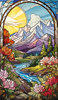 JPG 나무 꽃 예술 분홍색 일러스트 창문 자연 산 풍경 사람없음 강 태양 돌_바위 풀 그림 스테인드글라스 고딕 국내일러스트 AI일러스트 AI콘텐츠 자연요소 식물 컬러 유리 생태계 파일형식