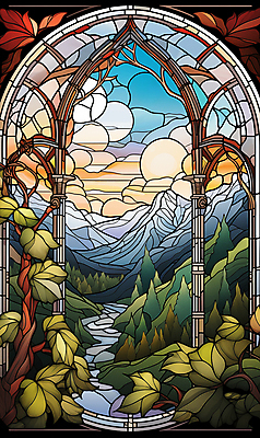 JPG 나무 예술 일러스트 창문 자연 산 풍경 사람없음 초록색 강 태양 돌_바위 풀 덩굴 그림 스테인드글라스 고딕 국내일러스트 AI일러스트 AI콘텐츠 자연요소 식물 컬러 유리 생태계 파일형식