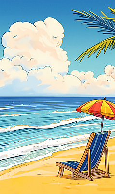 JPG 구름 파도 일러스트 자연 하늘 휴가 휴식 풍경 해변 사람없음 여름 파란색 야자수 파라솔 휴양지 복고 선베드 국내일러스트 AI일러스트 AI콘텐츠 자연요소 나무 계절 바다 컬러 컨셉 의자 장소 생태계 파일형식