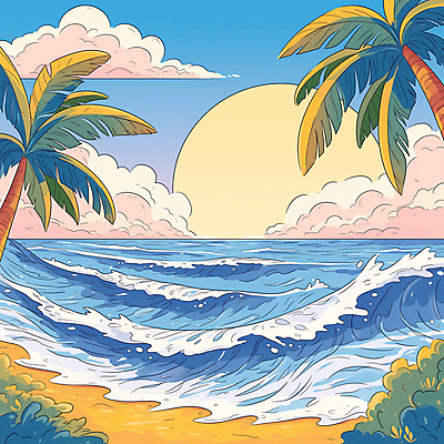 JPG 구름 파도 일러스트 자연 하늘 휴가 휴식 풍경 해변 사람없음 여름 파란색 야자수 일몰 휴양지 복고 국내일러스트 AI일러스트 AI콘텐츠 자연요소 나무 계절 바다 컬러 컨셉 노을 장소 생태계 파일형식