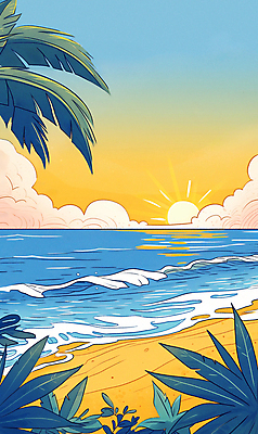 JPG 구름 파도 일러스트 자연 하늘 휴가 휴식 풍경 해변 사람없음 여름 파란색 야자수 일몰 휴양지 복고 국내일러스트 AI일러스트 AI콘텐츠 자연요소 나무 계절 바다 컬러 컨셉 노을 장소 생태계 파일형식