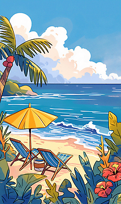 JPG 구름 꽃 파도 일러스트 자연 하늘 휴가 휴식 풍경 해변 사람없음 여름 파란색 야자수 파라솔 휴양지 복고 선베드 국내일러스트 AI일러스트 AI콘텐츠 자연요소 나무 식물 계절 바다 컬러 컨셉 의자 장소 생태계 파일형식