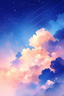 JPG 구름 여유 분홍색 일러스트 자연 밤하늘 하늘 사람없음 파란색 평화 고요 유성 청명 국내일러스트 AI일러스트 AI콘텐츠 자연요소 감정 컬러 컨셉 야간 생태계 파일형식
