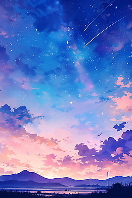JPG 구름 여유 분홍색 일러스트 자연 밤하늘 하늘 사람없음 파란색 평화 고요 유성 청명 국내일러스트 AI일러스트 AI콘텐츠 자연요소 감정 컬러 컨셉 야간 생태계 파일형식
