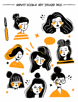 헤어스타일 여자 얼굴 말풍선 스티커 일러스트 여러명 상반신 성인 그래픽 반짝임 뷰티 귀걸이 주황색 다양 머리빗 그림 성인여자만 국내일러스트 AI파일 컬러 다수 장신구 모션 사람 신체부위 미용용품 여자만 성인만 파일형식 벡터