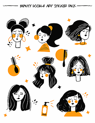 헤어스타일 여자 얼굴 스티커 일러스트 여러명 상반신 성인 그래픽 반짝임 뷰티 귀걸이 주황색 다양 머리빗 그림 헤어용품 성인여자만 국내일러스트 AI파일 컬러 다수 장신구 모션 사람 신체부위 미용용품 여자만 성인만 파일형식 벡터