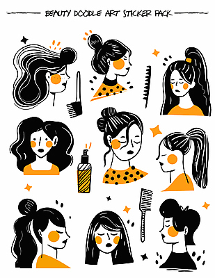 헤어스타일 여자 얼굴 스티커 일러스트 여러명 상반신 성인 그래픽 반짝임 뷰티 주황색 다양 머리빗 그림 헤어스프레이 성인여자만 국내일러스트 AI파일 컬러 다수 모션 사람 신체부위 미용용품 헤어용품 여자만 성인만 파일형식 벡터