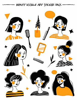 헤어스타일 여자 얼굴 말풍선 스티커 일러스트 여러명 상반신 성인 그래픽 반짝임 뷰티 귀걸이 주황색 다양 머리빗 그림 손거울 성인여자만 국내일러스트 AI파일 컬러 다수 장신구 모션 사람 신체부위 거울 미용용품 여자만 성인만 파일형식 벡터