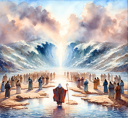 JPG 전신 구름 여자 남자 파도 일러스트 하늘 팔벌리기 수채화 여러명 성인 햇빛 성경 균열 군중 홍해 성화 모세의기적 성인만 국내일러스트 AI일러스트 AI콘텐츠 자연요소 기독교 바다 다수 종교용품 모션 사람 태양 파일형식