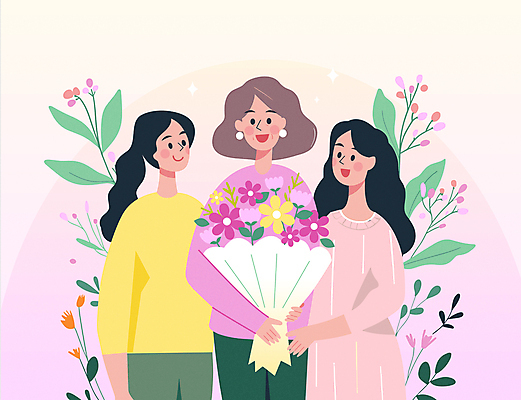 여자 분홍색 꽃다발 중년 일러스트 의학 모녀 미소 상반신 성인 세명 반짝임 축하 극복 갱년기 여성질환 증상 여자만 국내일러스트 AI파일 꽃 딸 컬러 컨셉 가족 모션 엄마 표정 사람 질병 파일형식 벡터