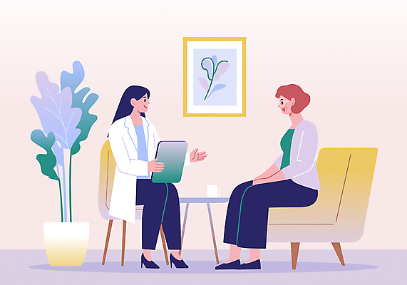 전신 여자 화분 중년 액자 일러스트 병원 앉기 성인 두명 치료 보라색 진료 환자 의사 상담 안락의자 클리닉 갱년기 여성질환 여자만 국내일러스트 AI파일 컬러 의자 의학 모션 사람 의료진 질병 증상 파일형식 벡터