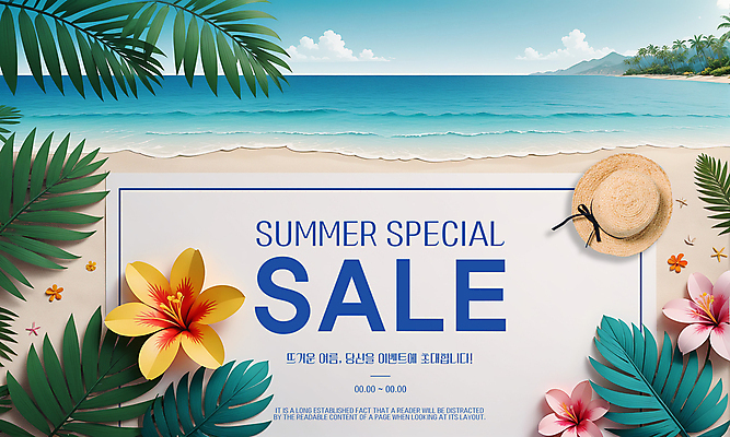 PSD 구름 템플릿 배너 해변 사람없음 초록색 여름 세일 밀짚모자 초대장 초대 야자수잎 열대꽃 이미지템플릿 자연요소 모자_잡화 계절 꽃 바다 컬러 잎 카드_감사 파일형식