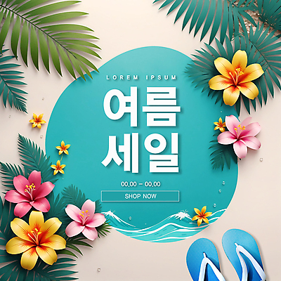 PSD 템플릿 파도 바다 슬리퍼 해변 사람없음 초록색 여름 세일 샌들 쪼리 야자수잎 열대꽃 카드뉴스 이미지템플릿 계절 꽃 컬러 신발 잎 파일형식