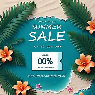 PSD 템플릿 파도 해변 사람없음 초록색 여름 세일 쿠폰 야자수잎 열대꽃 카드뉴스 이미지템플릿 계절 꽃 바다 컬러 잎 파일형식