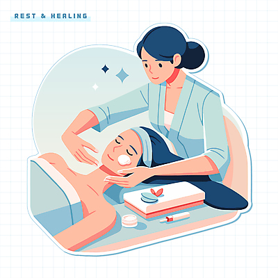 캐릭터 라이프스타일 여자 일러스트 휴식 사람 상반신 성인 두명 생활 파란색 반짝임 눈감음 마사지 고객 피부관리 힐링 로션 성인여자만 일러캐릭터 AI파일 컬러 컨셉 모션 뷰티 화장품 여자만 성인만 파일형식 벡터