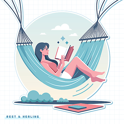 전신 식물 구름 캐릭터 라이프스타일 여자 일러스트 휴식 한명 사람 성인 생활 책 파란색 반짝임 눕기 독서 돗자리 힐링 해먹 와이어 성인여자한명만 일러캐릭터 AI파일 자연요소 1 컬러 컨셉 모션 침대 여자한명만 성인여자만 파일형식 벡터