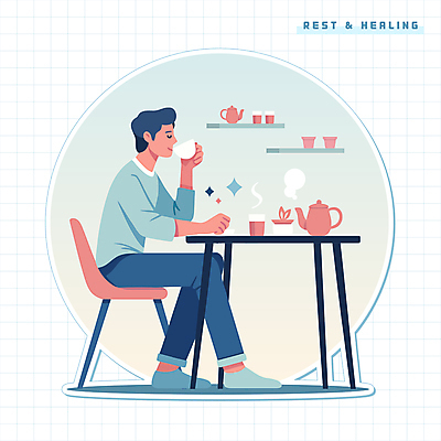 전신 캐릭터 라이프스타일 남자 화분 의자 일러스트 탁자 주전자 티타임 휴식 선반 한명 사람 앉기 성인 생활 파란색 반짝임 마시기 연기 찻잔 힐링 성인남자한명만 일러캐릭터 AI파일 1 컬러 가구 컨셉 모션 주방용품 잔 남자한명만 성인남자만 파일형식 벡터