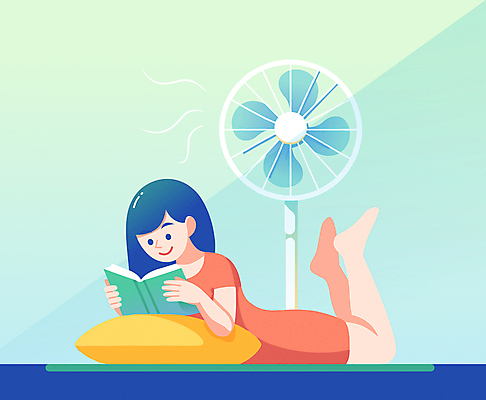 전신 라이프스타일 여자 엎드리기 일러스트 바람 휴식 실내 한명 성인 책 파란색 여름휴가 독서 선풍기 시원함 극복 성인여자한명만 국내일러스트 AI파일 자연요소 1 컬러 컨셉 모션 날씨 휴가 사람 내부 생활 가전제품 여자한명만 성인여자만 파일형식 벡터 여름_계절