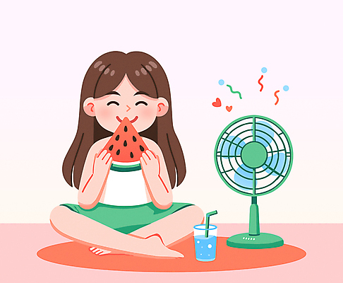 전신 라이프스타일 여자 행복 어린이 과일 일러스트 휴식 수박 실내 한명 소녀 빨간색 여름휴가 선풍기 시원함 먹기 극복 소녀한명만 국내일러스트 AI파일 1 감정 컬러 컨셉 모션 휴가 사람 내부 생활 가전제품 여자한명만 소녀만 파일형식 벡터 여름_계절