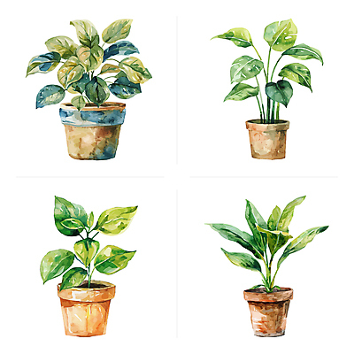 화분 잎 일러스트 수채화 사람없음 초록색 세트 다양 반려식물 국내일러스트 AI파일 식물 컬러 다수 파일형식 벡터