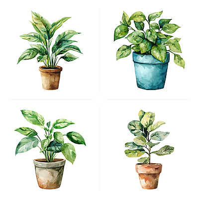 화분 잎 일러스트 수채화 사람없음 초록색 세트 다양 반려식물 국내일러스트 AI파일 식물 컬러 다수 파일형식 벡터
