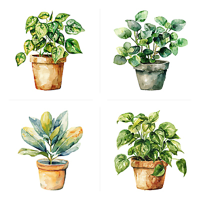 화분 잎 일러스트 수채화 사람없음 초록색 세트 다양 반려식물 국내일러스트 AI파일 식물 컬러 다수 파일형식 벡터