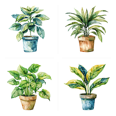 화분 잎 일러스트 수채화 사람없음 초록색 세트 다양 반려식물 국내일러스트 AI파일 식물 컬러 다수 파일형식 벡터