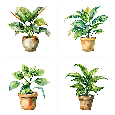 화분 잎 일러스트 수채화 사람없음 초록색 세트 다양 반려식물 국내일러스트 AI파일 식물 컬러 다수 파일형식 벡터