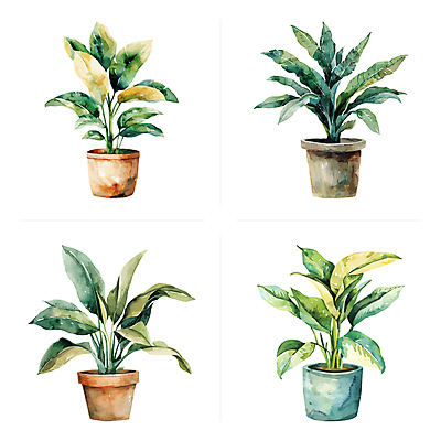 화분 잎 일러스트 수채화 사람없음 초록색 세트 다양 반려식물 국내일러스트 AI파일 식물 컬러 다수 파일형식 벡터