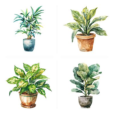 화분 잎 일러스트 수채화 사람없음 초록색 세트 다양 반려식물 국내일러스트 AI파일 식물 컬러 다수 파일형식 벡터