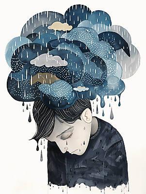 JPG 구름 남자 어린이 일러스트 한명 소년 상반신 환자 슬픔 비 남색 눈물 먹구름 우울감 우울증 소년한명만 국내일러스트 AI일러스트 AI콘텐츠 자연요소 1 감정 컬러 의학 날씨 사람 질병 남자한명만 소년만 파일형식 구름_자연