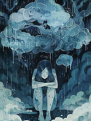 JPG 전신 구름 여자 일러스트 한명 성인 환자 슬픔 비 남색 눈물 먹구름 웅크림 우울감 우울증 성인여자한명만 국내일러스트 AI일러스트 AI콘텐츠 자연요소 1 감정 컬러 의학 모션 날씨 사람 질병 여자한명만 성인여자만 파일형식 구름_자연