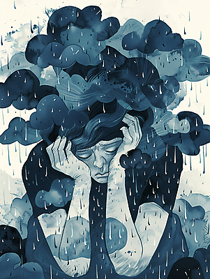 JPG 구름 일러스트 한명 상반신 성인 환자 슬픔 비 남색 눈물 먹구름 우울감 우울증 성인한명만 국내일러스트 AI일러스트 AI콘텐츠 자연요소 1 감정 컬러 의학 날씨 사람 질병 성인만 파일형식 구름_자연