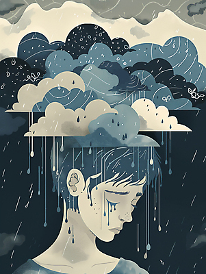 JPG 구름 남자 일러스트 한명 상반신 성인 환자 슬픔 비 남색 눈물 먹구름 우울감 우울증 성인남자한명만 국내일러스트 AI일러스트 AI콘텐츠 자연요소 1 감정 컬러 의학 날씨 사람 질병 남자한명만 성인남자만 파일형식 구름_자연