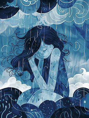 JPG 구름 여자 어린이 일러스트 한명 소녀 상반신 눈감음 환자 슬픔 비 남색 눈물 먹구름 우울감 우울증 소녀한명만 국내일러스트 AI일러스트 AI콘텐츠 자연요소 1 감정 컬러 의학 모션 날씨 사람 질병 여자한명만 소녀만 파일형식 구름_자연