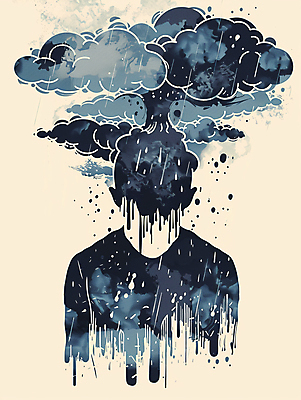 JPG 구름 일러스트 한명 상반신 성인 환자 슬픔 비 남색 눈물 먹구름 우울감 우울증 성인한명만 국내일러스트 AI일러스트 AI콘텐츠 자연요소 1 감정 컬러 의학 날씨 사람 질병 성인만 파일형식 구름_자연