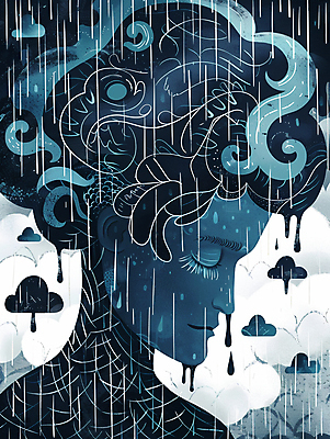 JPG 구름 일러스트 한명 상반신 성인 환자 슬픔 비 남색 눈물 먹구름 우울감 우울증 성인한명만 국내일러스트 AI일러스트 AI콘텐츠 자연요소 1 감정 컬러 의학 날씨 사람 질병 성인만 파일형식 구름_자연