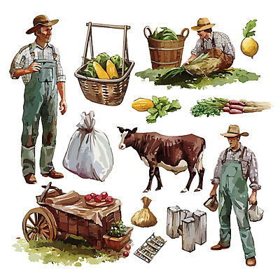 전신 모자 남자 중년 농업 채소 일러스트 수채화 옥수수 들기 세명 세트 바구니 수레 농촌 소 농부 주머니 농기구 중년남자만 국내일러스트 AI파일 직업 잡화 산업 포유류 모션 곡류 사람 성인 카트 시골 남자만 중년만 파일형식 벡터