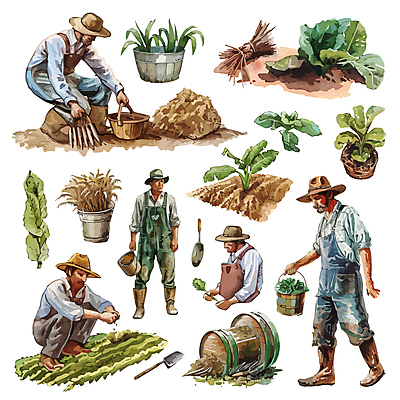 전신 모자 남자 중년 밭 농업 채소 일러스트 수채화 들기 여러명 세트 농촌 농부 농기구 양동이 중년남자만 라탄바구니 주저앉기 국내일러스트 AI파일 직업 잡화 산업 다수 모션 사람 앉기 성인 바구니 시골 남자만 중년만 파일형식 벡터