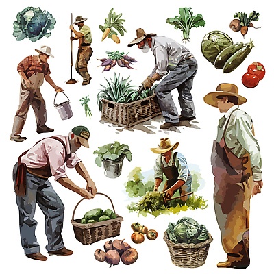 전신 모자 노년 남자 중년 농업 토마토 일러스트 양파 수채화 들기 여러명 상반신 세트 당근 농촌 양상추 농부 농기구 양동이 뒷짐 남자만 라탄바구니 국내일러스트 AI파일 직업 잡화 산업 다수 채소 모션 뿌리채소 사람 성인 바구니 시골 파일형식 벡터