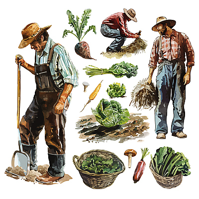 전신 모자 남자 중년 밭 농업 일러스트 수채화 들기 세명 세트 버섯 당근 농촌 양상추 짚 농부 농기구 삽 중년남자만 라탄바구니 국내일러스트 AI파일 직업 잡화 산업 줄기 채소 모션 뿌리채소 사람 성인 바구니 시골 남자만 중년만 파일형식 벡터
