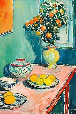 JPG 편집이미지 그릇 접시 열매 잎 탁자 붓터치 실내 사람없음 인테리어 꽃병 공간 레몬 유화 편집실사 식물 식기 디자인 꽃 가구 과일 미술 내부 CG 파일형식