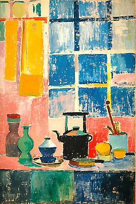 JPG 편집이미지 그릇 창문 탁자 주전자 주방용품 붓터치 실내 사람없음 인테리어 공간 유화 편집실사 식기 디자인 가구 생활용품 미술 내부 CG 파일형식